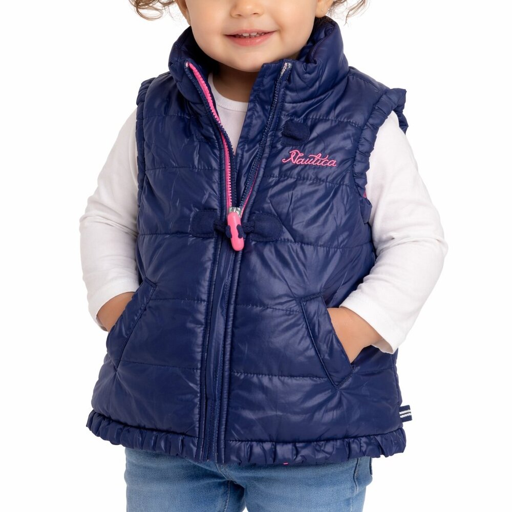 Nautica Girls Navy Blue & Pink Puffer Vest Ruffle Hem Toggle Zip 24M